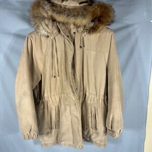1 Madison Parka Jacket Real Fox Fur Trim Faux Suede Tan Womens Medium 421760